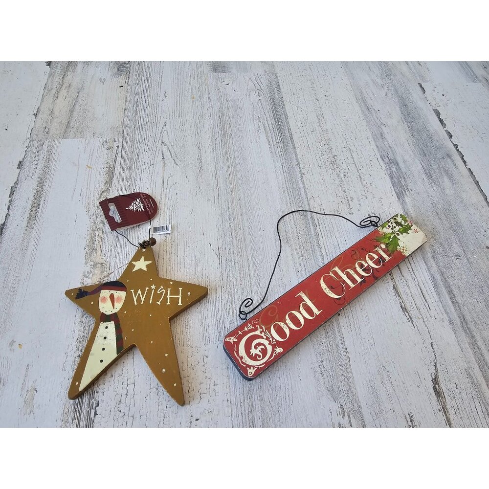 Enchanted Forest wooden Xmas‎ sign hanging wish good cheer decor star